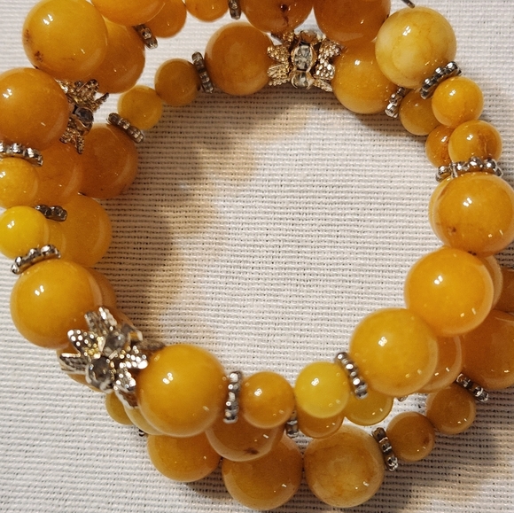 Hand Crafted Deep Yellow Gemstone Beaded Jewelry Set Necklace Bracelet Earrings - Picture 5 of 6